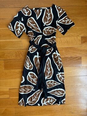 Who What Wear Black Belted Linen Midi Dress with Brown & White Leaf Print
